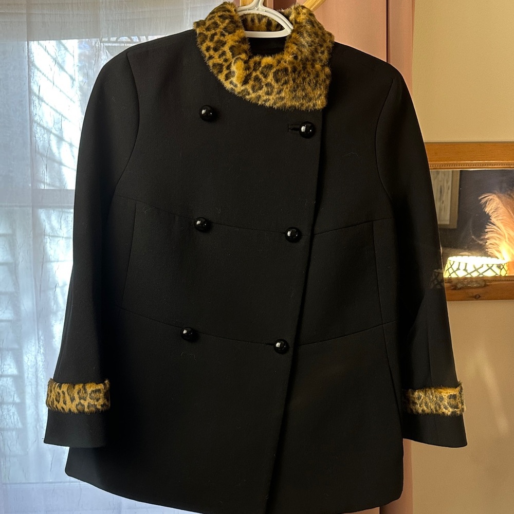 Talbots Black Pea Coat with Leopard Trim 10 pโ
